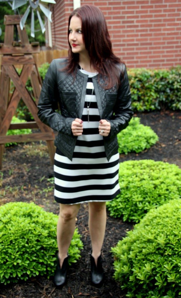 Striped Dress and Leather Jacket