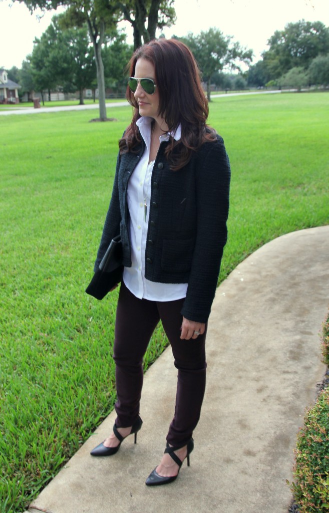 Fall Style Skinny Jeans and Tweed Jacket, perfect for Thanksgiving