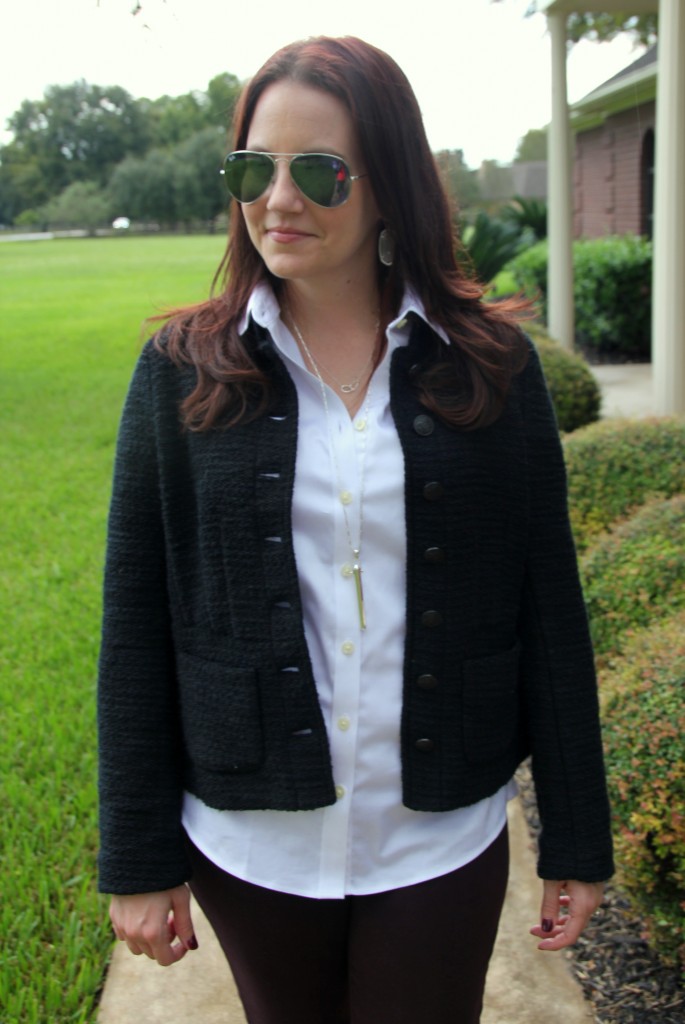 Tweed Jacket with White Button Down Blouse