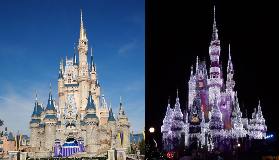 Walt Disney World Magic Kingdom Castle day and night