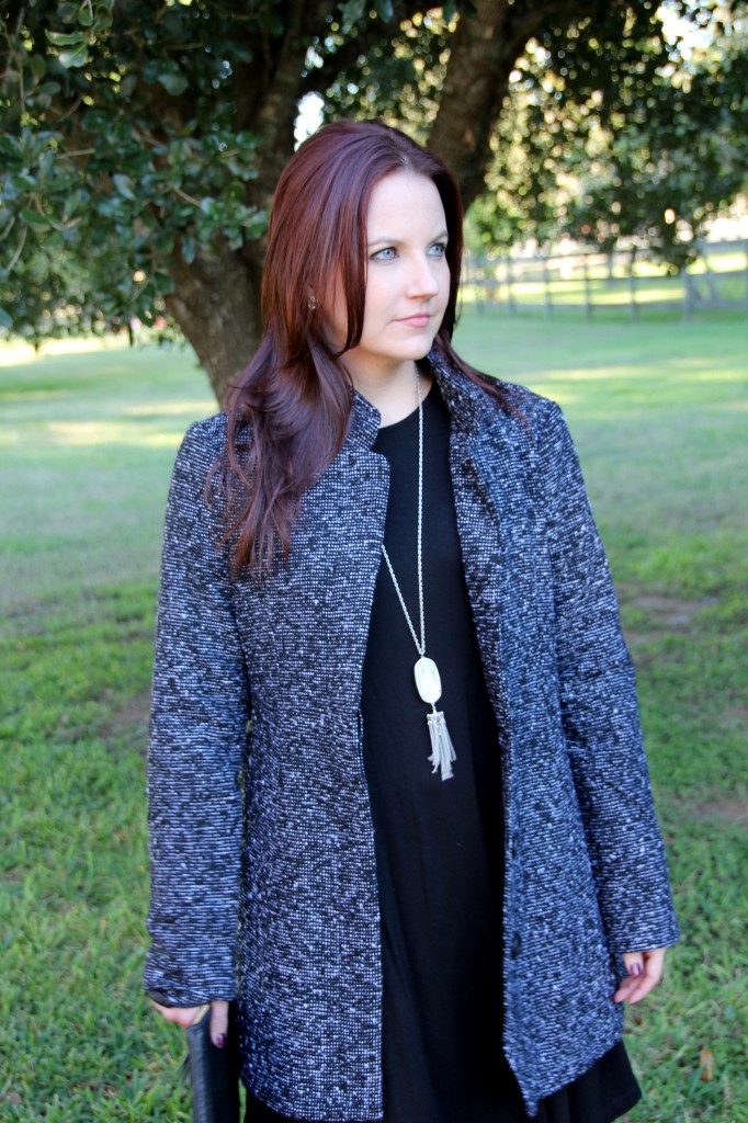 Winter Coat with Black dress and statement necklace