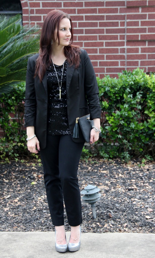 All Black Holiday look with black sequins and statement silver shoes