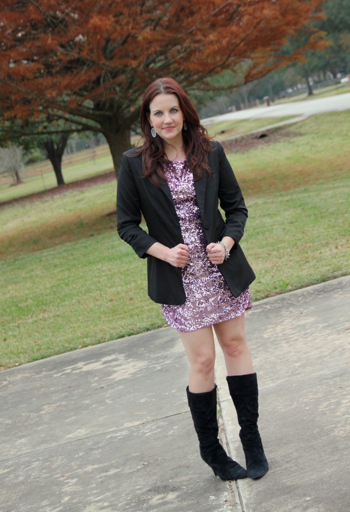 New Year's Eve Party Outfit - Sequin Shift dress with blazer and boots