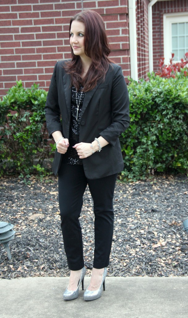 All black holiday look with silver shoes and black sequins