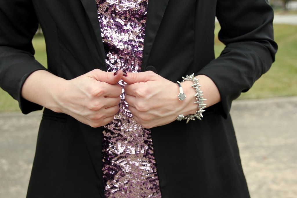 Sequin Shift dress with Black Blazer and silver bracelets, NYE Outfit, party look