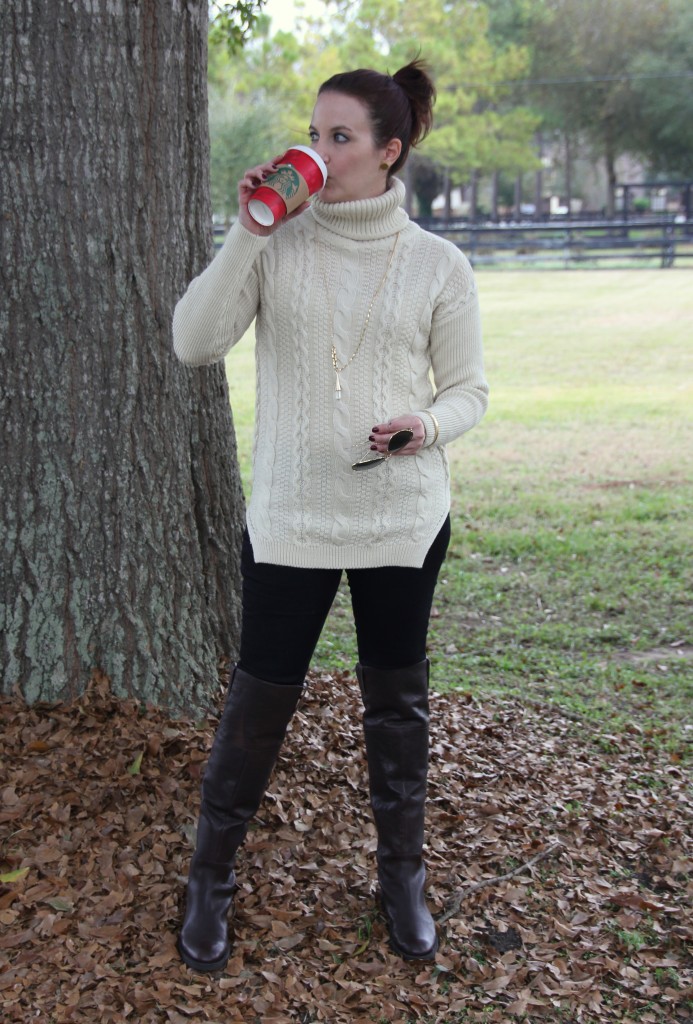 Comfy, Casual, Cozy and Coffee, turtleneck cableknit sweater over skinny jeans and riding boots, great winter outfit idea!