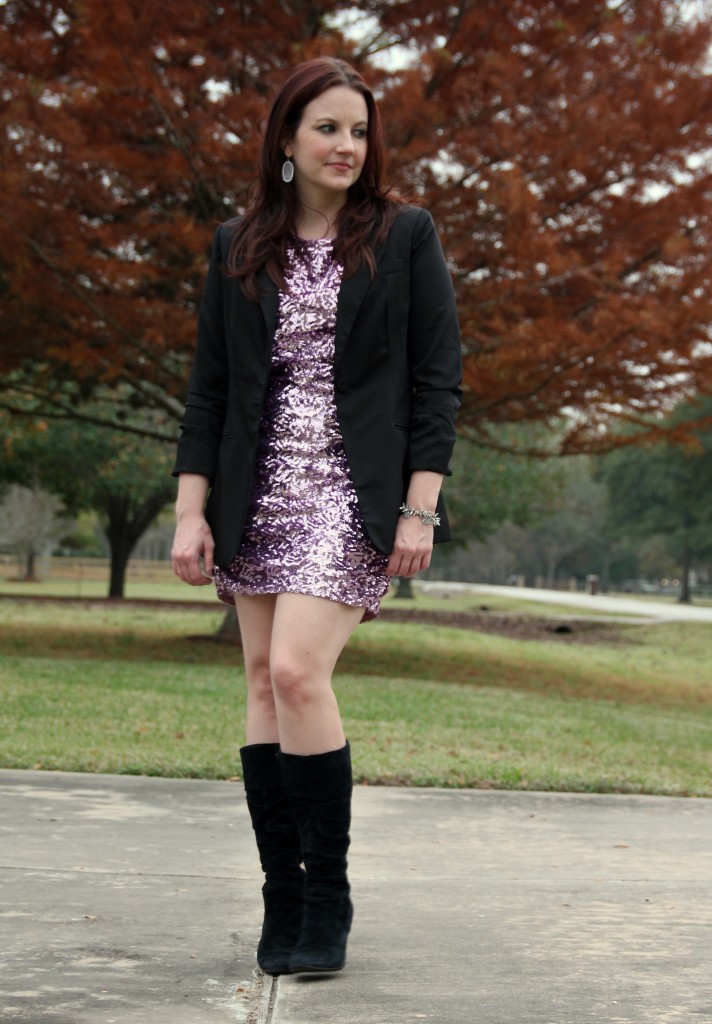 Alice + Olivia Sequin Shift Dress with black blazer and suede tall boots, NYE outfit, party look