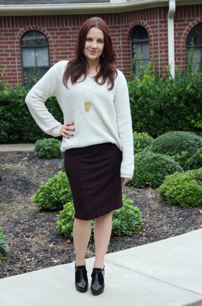 Office Work Style Outfit - High/Low Sweater with Pencil Skirt and black dress booties
