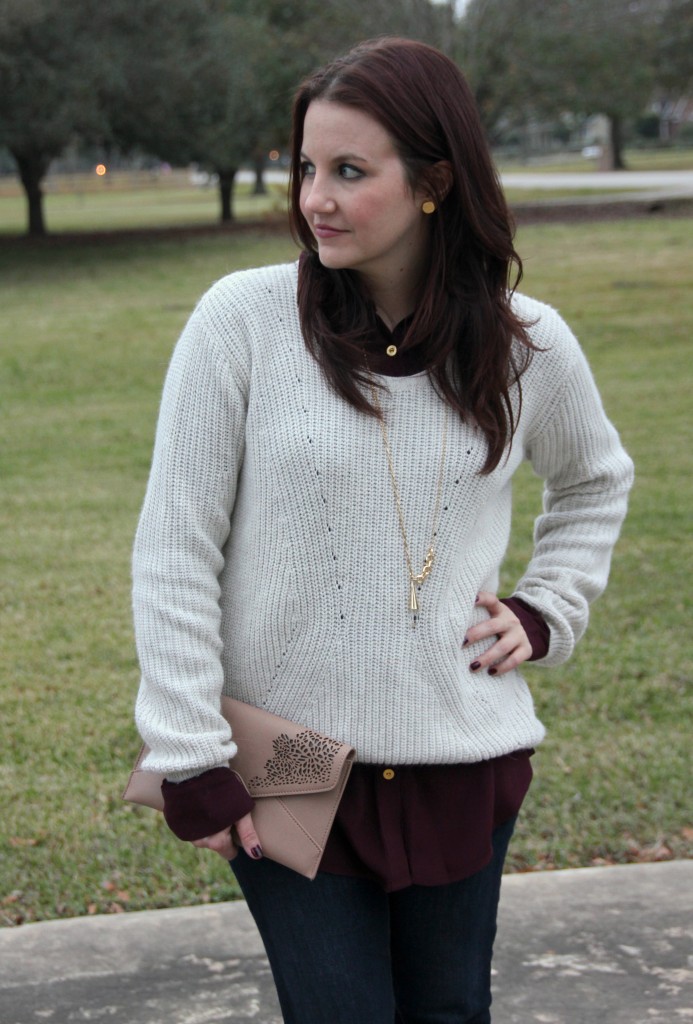 Weekend Casual Layered Outfit, high low sweater over button down top with skinny jeans and booties
