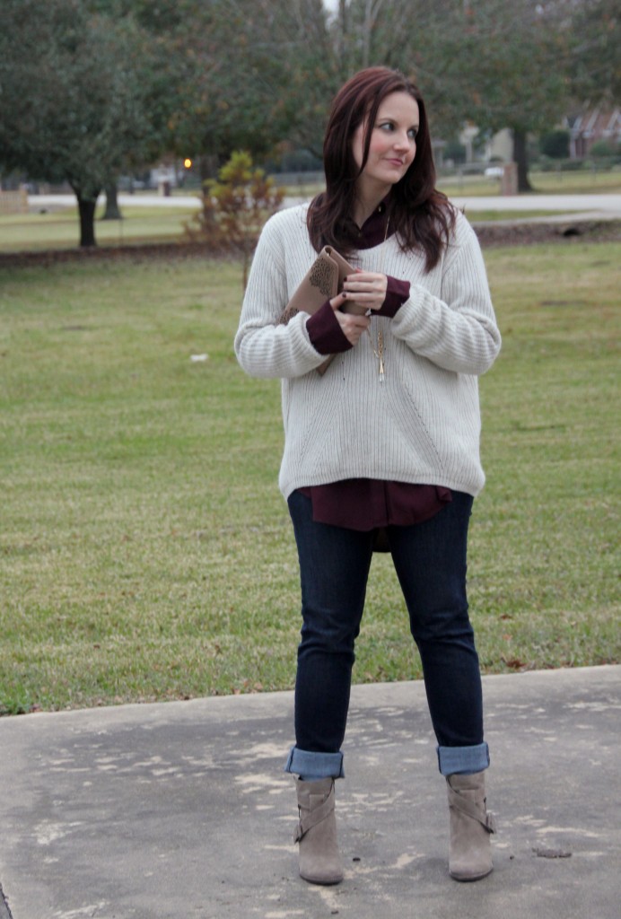 Weekend Casual Layered Outfit, high low sweater over button down top with skinny jeans and booties