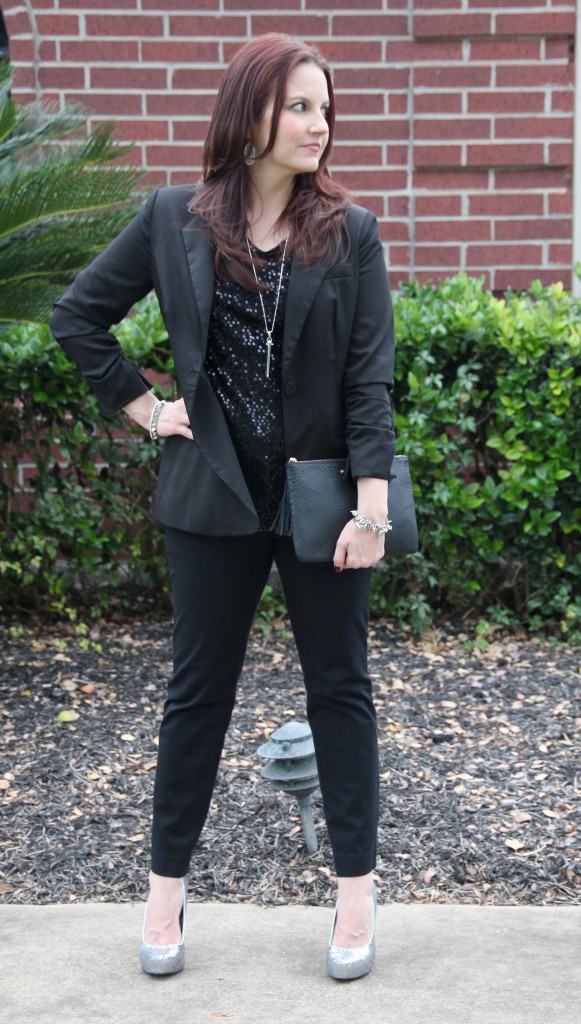 all black holiday look with black sequins and silver shoes and jewelry, perfect for holiday party!