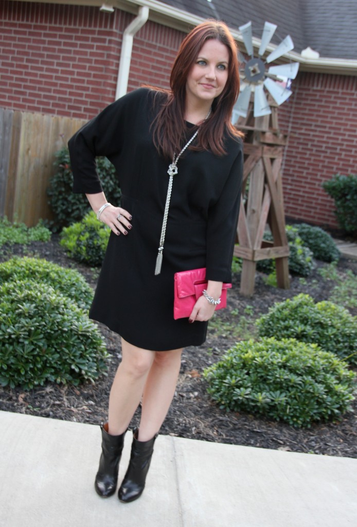 Mango Shift dress paired with booties and bright accessories