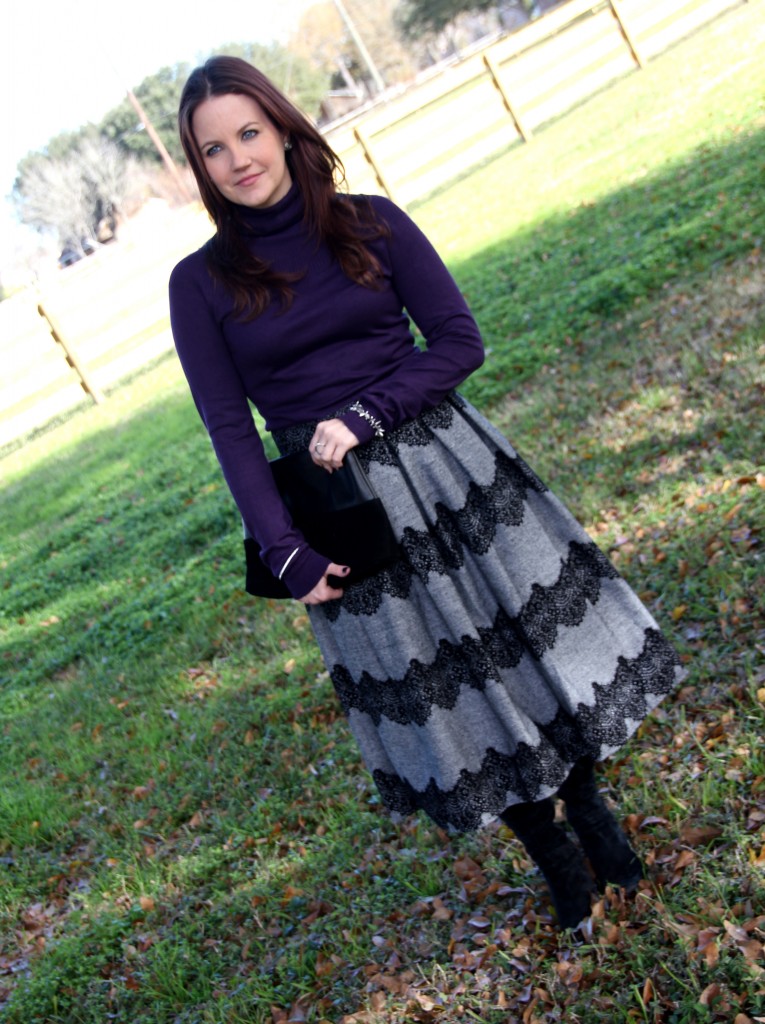 Violet turtleneck and Gray scalloped lace midi skirt with boots - winter office outfit inspiration