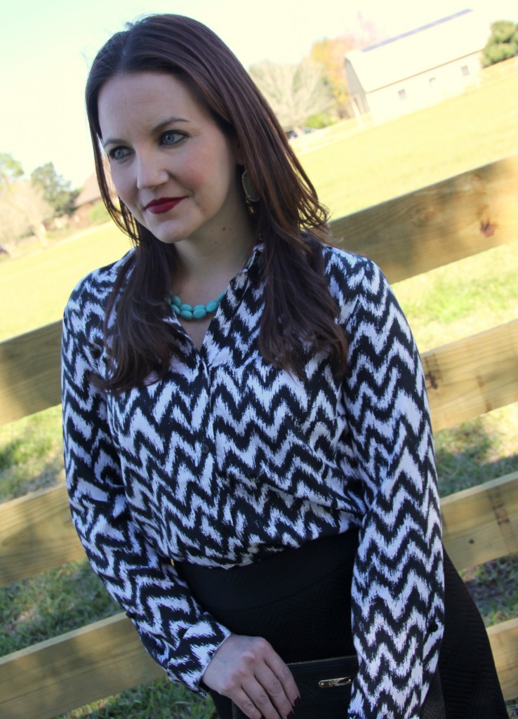 Chevron printed work top with turquoise necklace