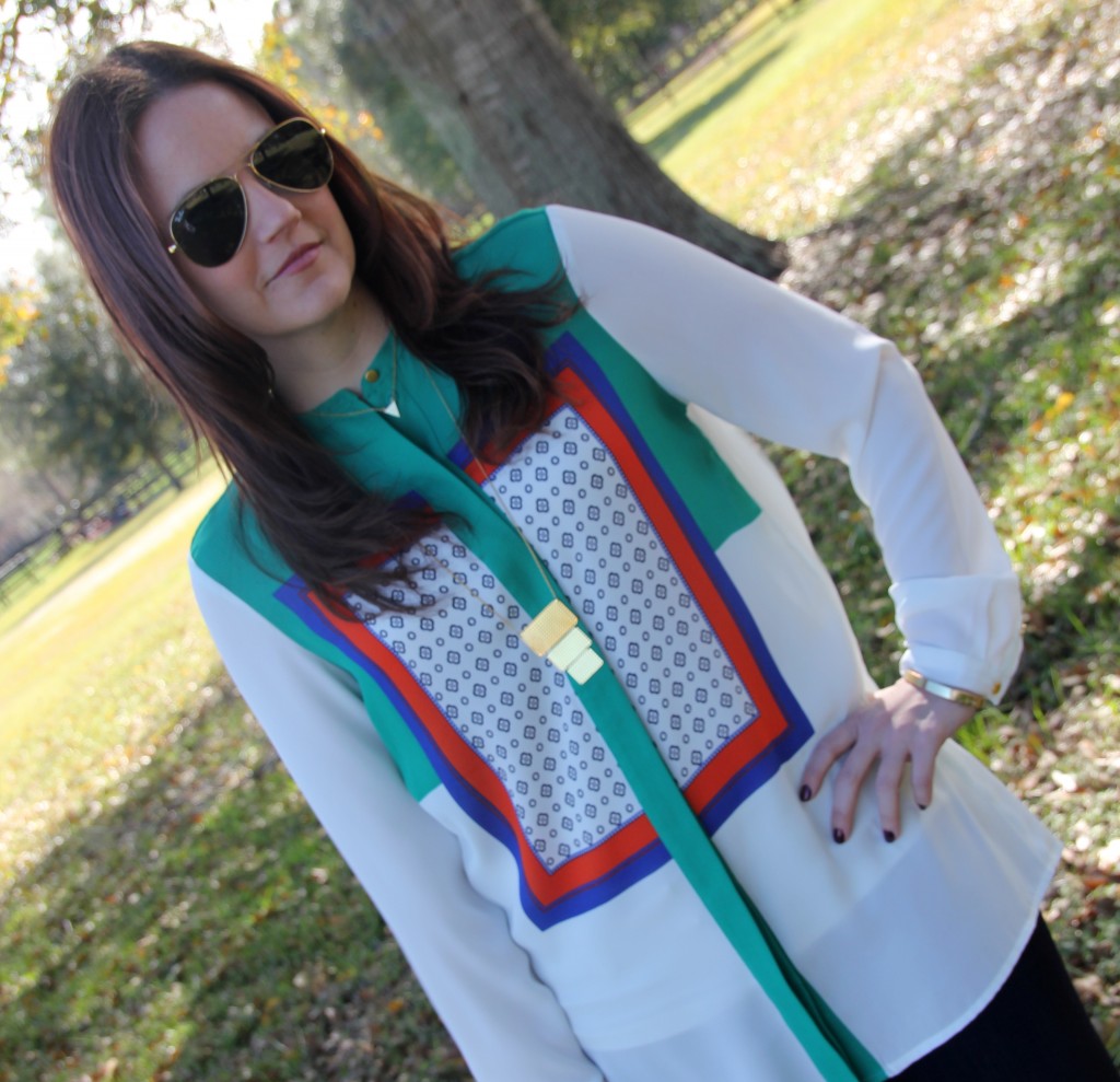 H&M Patterned blouse with gorjana jewelry, lady in violet blog