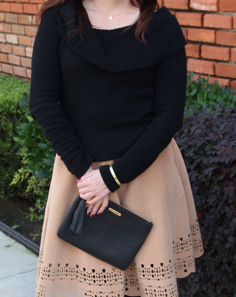 Black Cowl Neck Sweater with Suede camel skirt, winter outfit idea