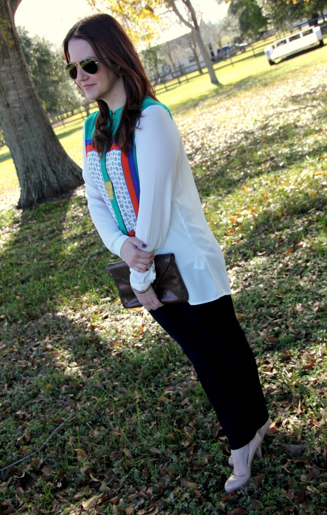 Paige Jeans with H&M Patterned Blouse and Steve Madden Pumps, outfit idea