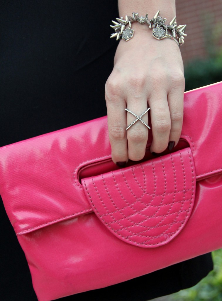 Bright Pink Clutch with Baublebar Crystal Mason Ring, Stella and Dot Renegade and Kendra Scott arden bracelets