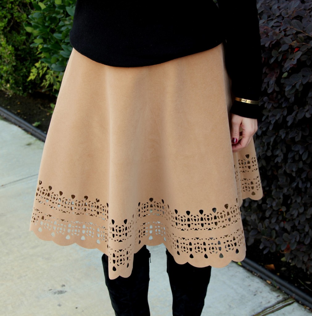 Black Cowl Neck Sweater with Suede camel skirt, winter outfit idea