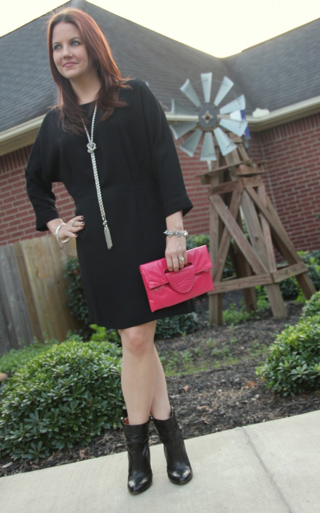 Mango Black shift dress paired with black boots and bright accessories, office outfit idea