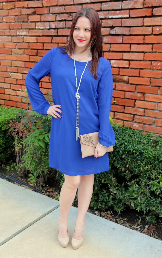 Blue Shift dress, nude pumps and long silver necklace, outfit idea