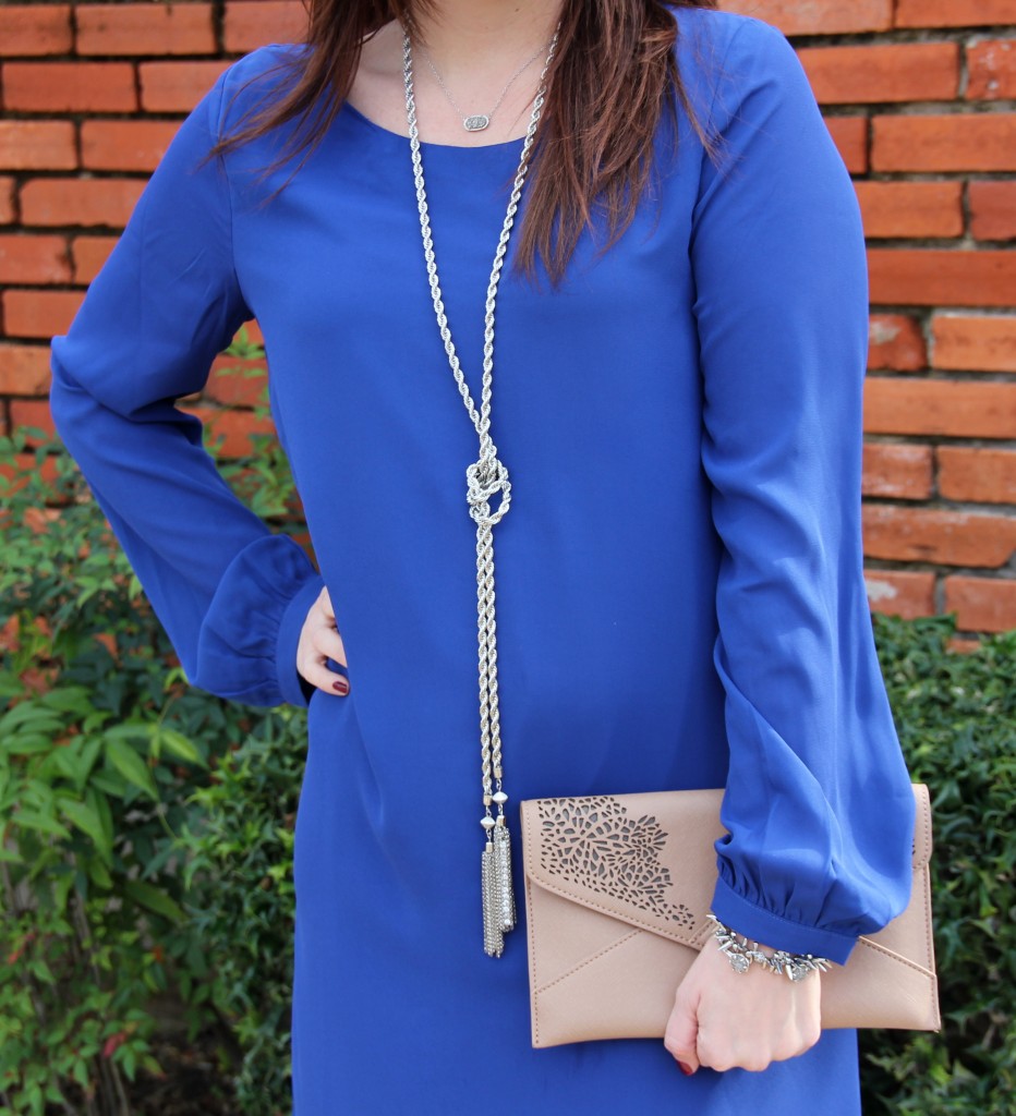 The perfect shade of blue shift dress perfect for a long silver necklace