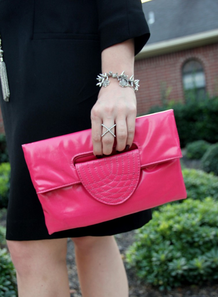 SR Squared Pink Clutch and silver jewelry