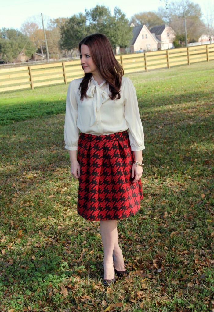 Office Outfit Idea - Bow Top blouse and Houndstooth a-line skirt, perfect for work!