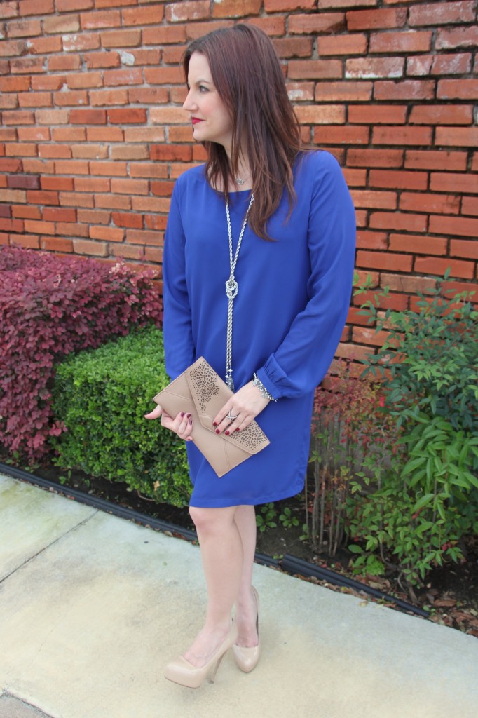 Tinley Road Cobalt Blue Shift Dress with beige and silver accesories, fun wedding guest outfit