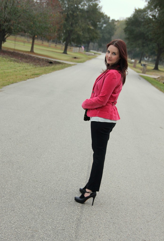 Bright Pink Velvet blazer to break the mold of the normal office look