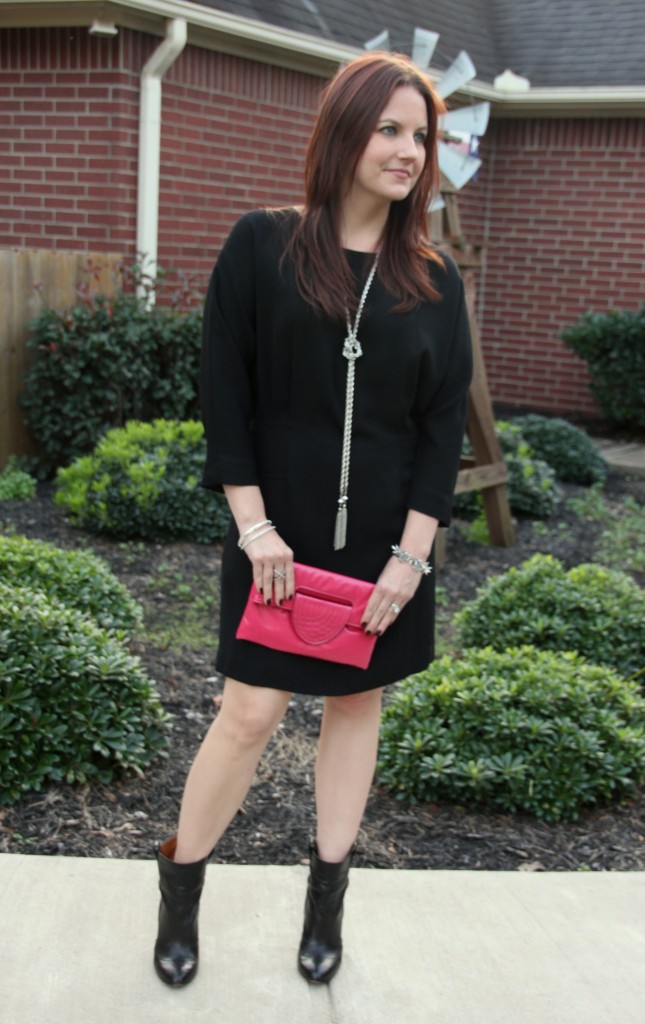 An Everyday LBD - Mango shift dress with nine west booties and bright accessories, office outfit idea