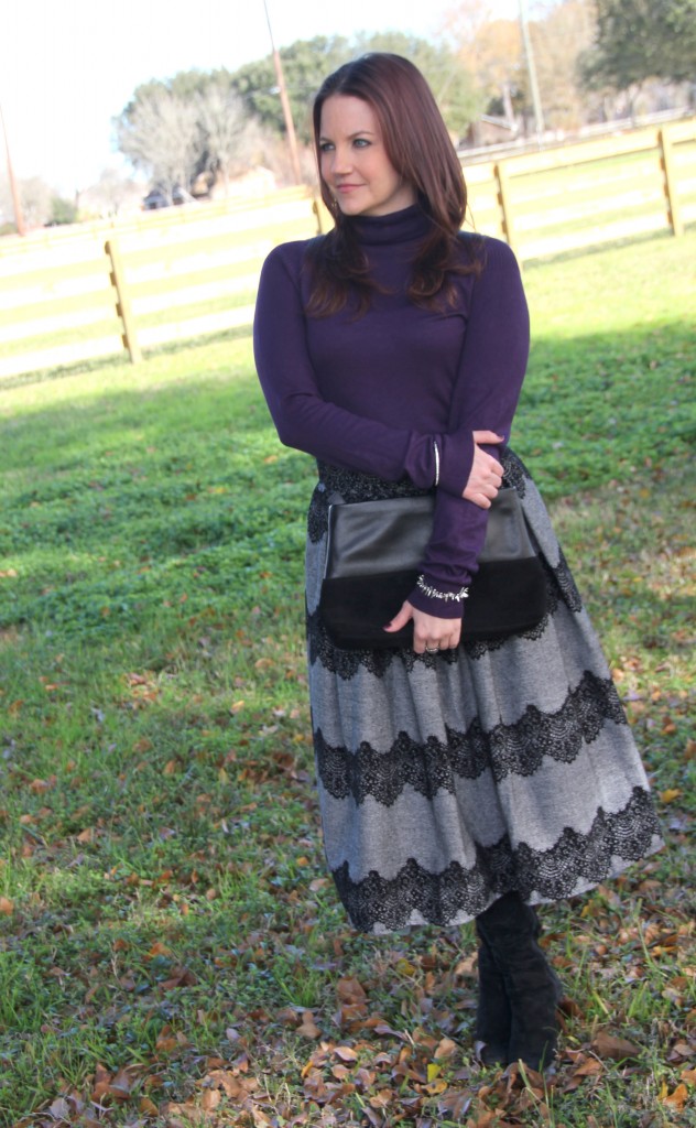 Office Outfit Idea - Full Skirt and fitted top with boots, winter look