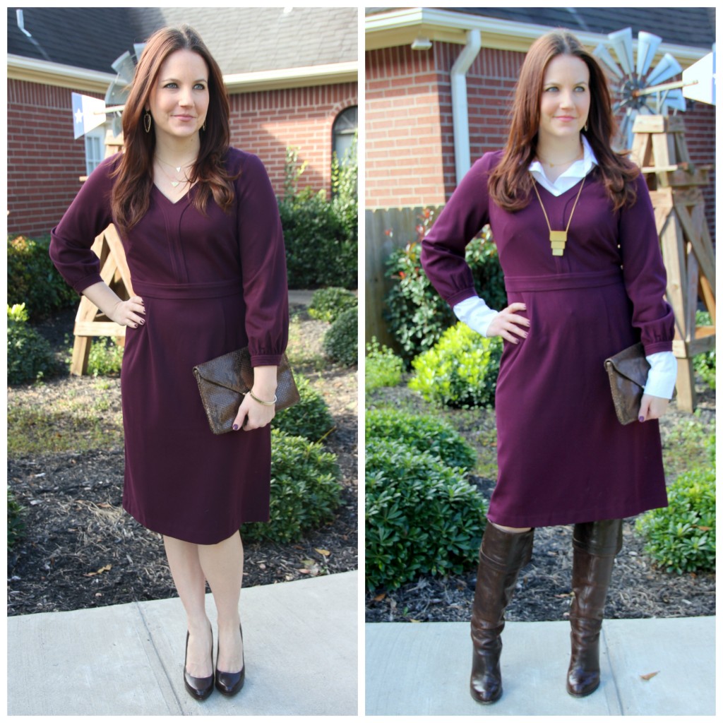 Outfit Idea - Create a winter look from a fall dress by adding a button down blouse underneath!