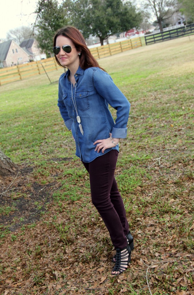 Chambray Shirt with colored skinny jeans and wedges, spring weekend outfit idea