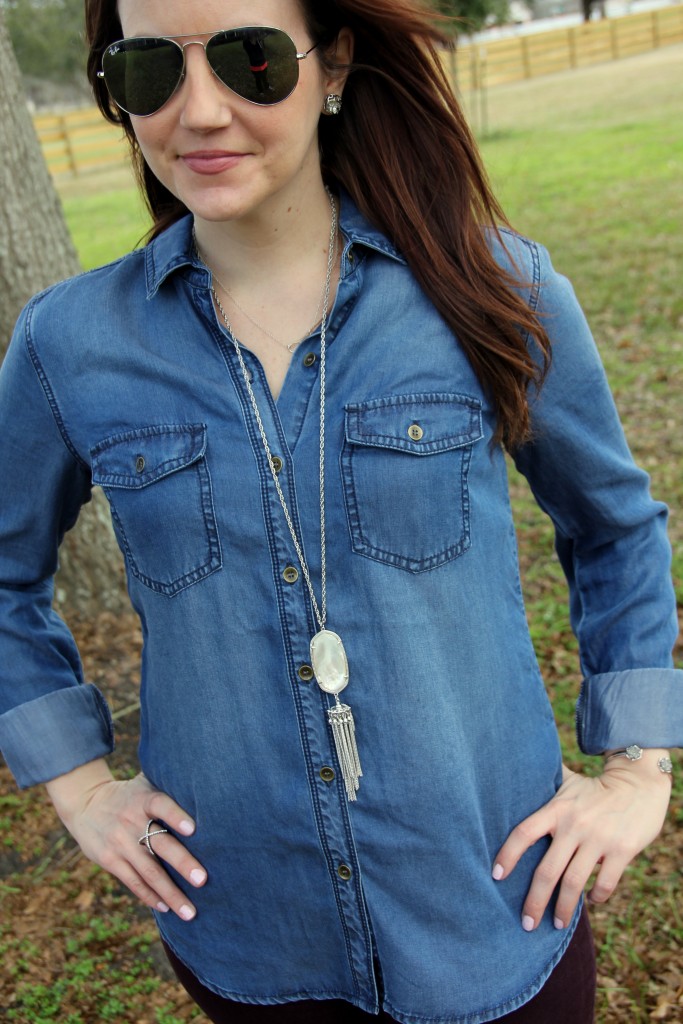 Chambray Shirt with colored skinny jeans and wedges, spring weekend outfit