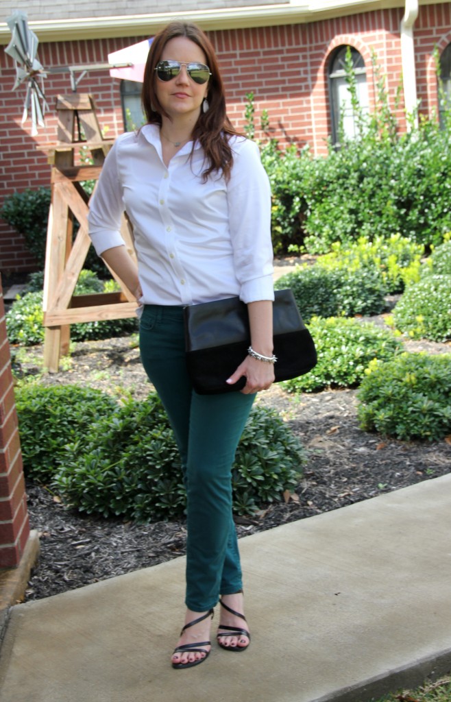 Spring Transition outfit idea - button down blouse, skinny jeans, and sandals