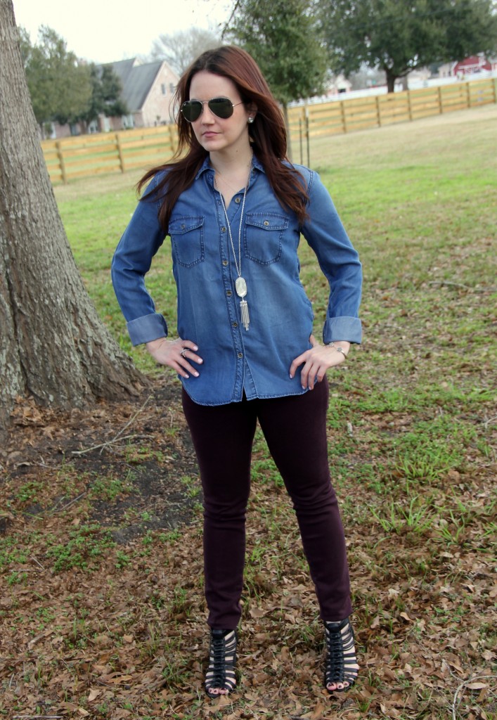 Chambray Shirt with colored skinny jeans and wedges, spring weekend outfit idea