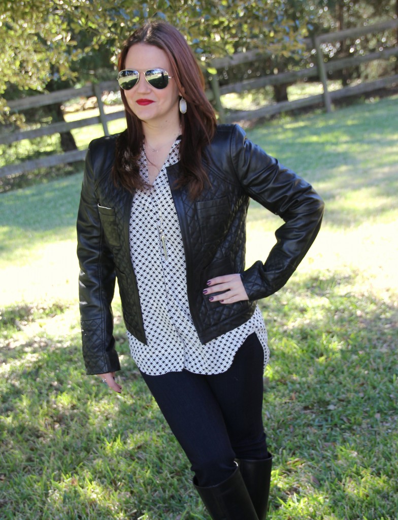 Perfect outit for night out, leather jacket, printed tunic, skinny jeans and boots