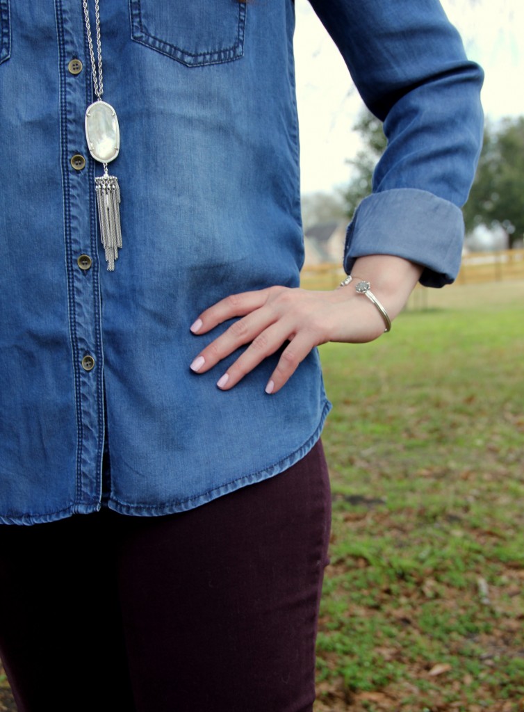 Chambray Shirt with colored skinny jeans and wedges, spring weekend outfit
