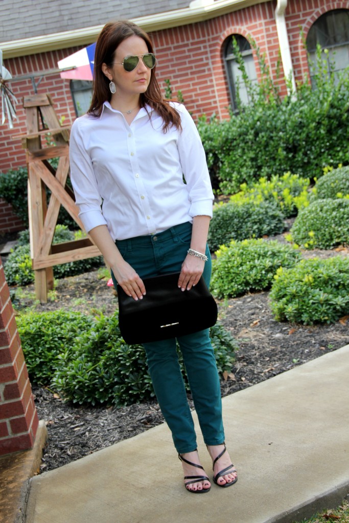 Spring Transition outfit idea - button down blouse, skinny jeans, and sandals - lady in violet blog