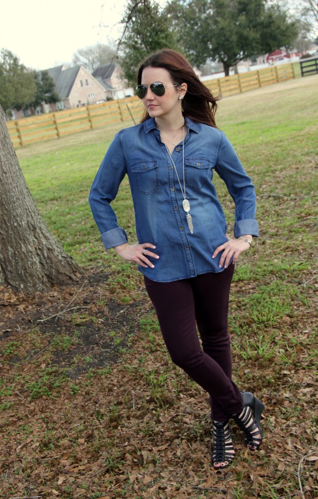 Chambray Shirt with colored skinny jeans and wedges, spring weekend outfit