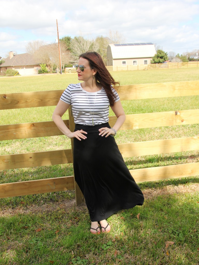 Spring Weekend Casual look, striped tee with maxi skirt -perfect for lazy sunday!