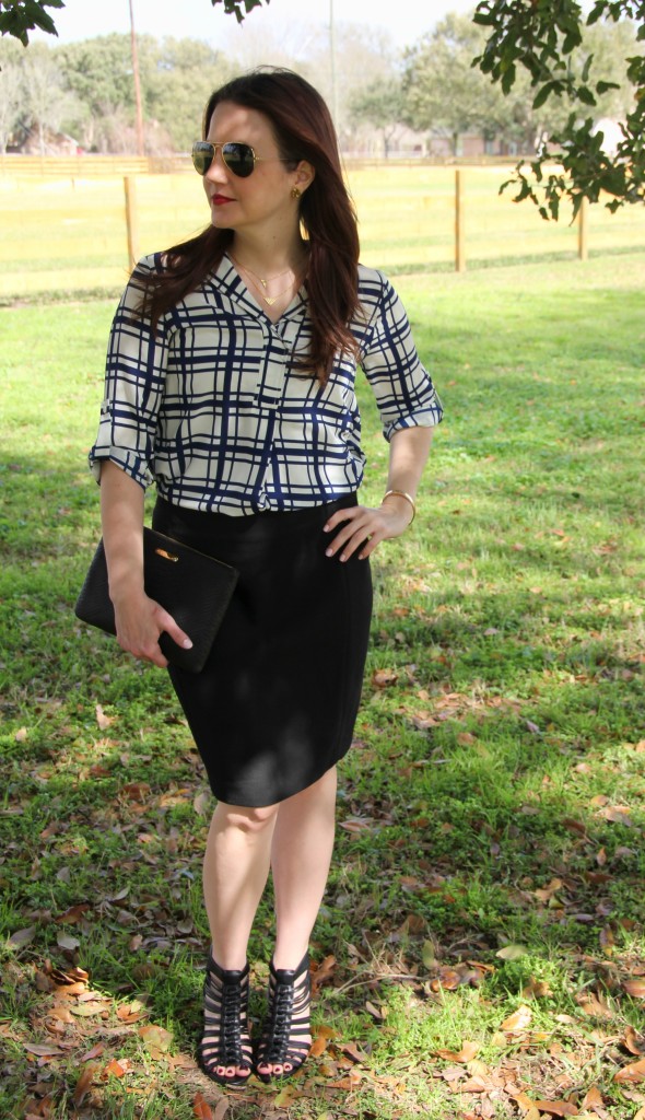 Spring Office Outfit Idea - pencil skirt, pleione blouse, sole society wedges