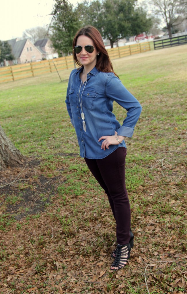 Chambray Shirt with colored skinny jeans and wedges, spring weekend outfit