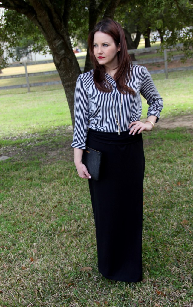 pinterest inspiration from Emma Watson to create a work office look with maxi skirt and button down blouse