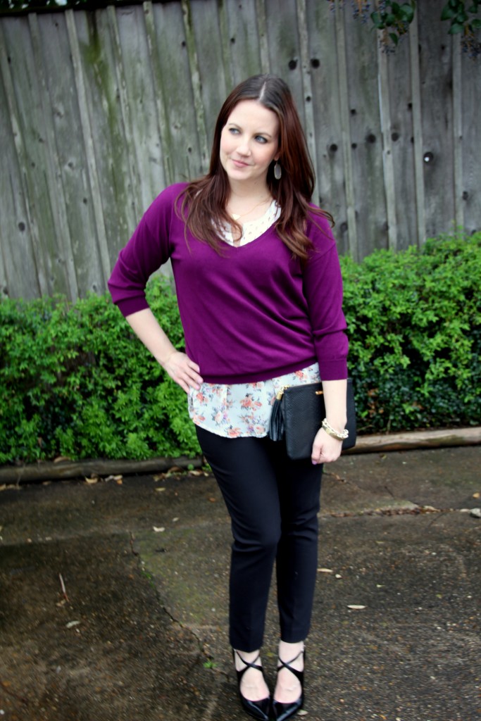 Office Outfit Idea - Layer floral tunic under a colorful pullover sweater - love!