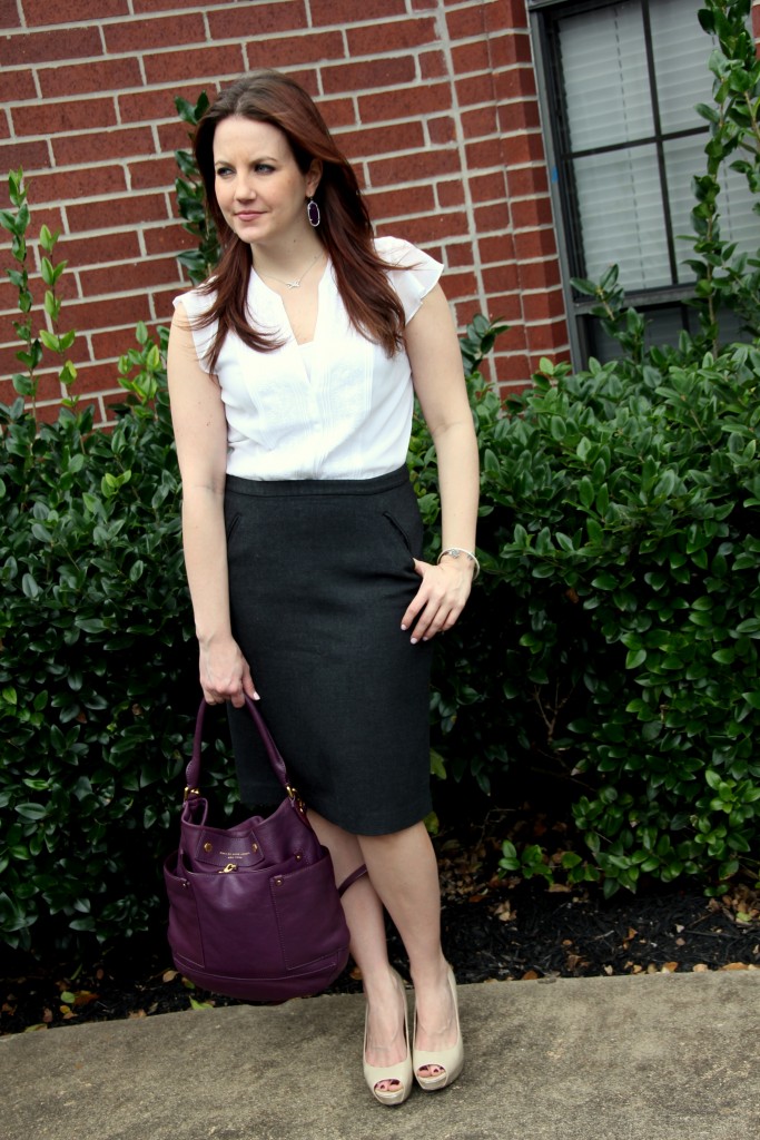 Spring Work Outfit Idea - Gray Pencil Skirt and White Blouse | Lady in Violet