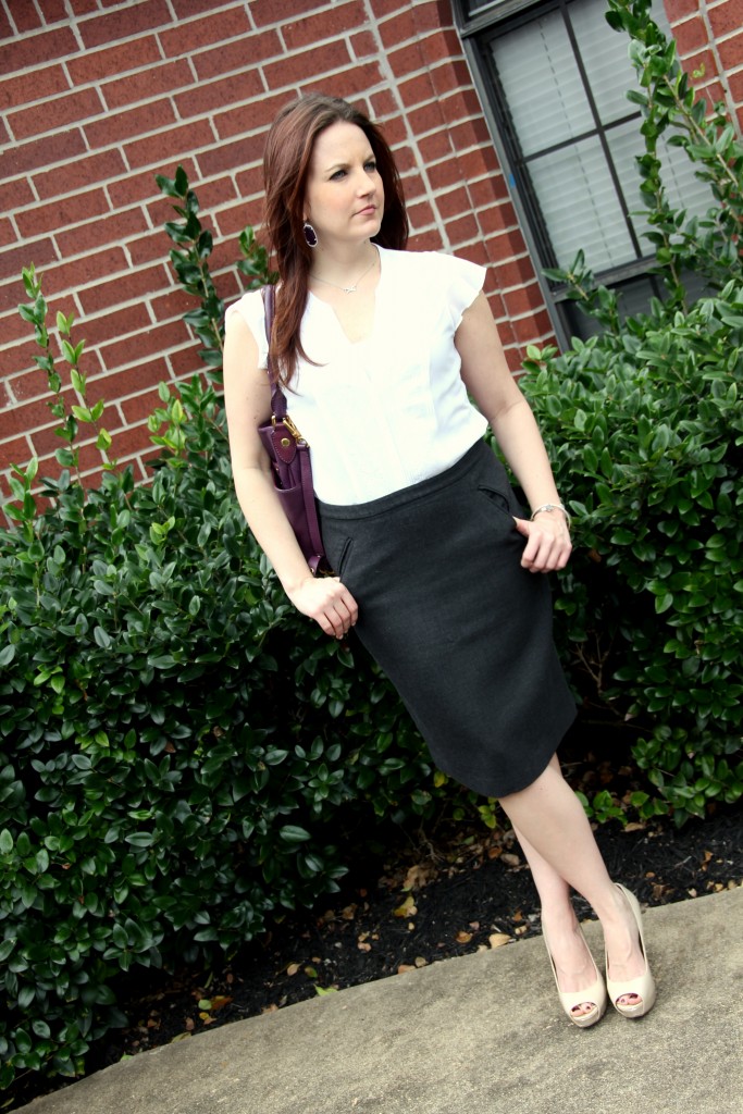 Spring Work Outfit Idea - Gray Pencil Skirt and White Blouse | Lady in Violet