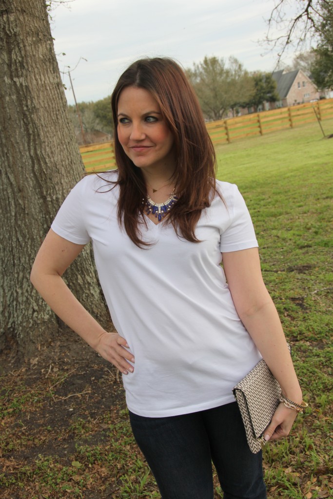 Casual Weekend Outfit - plain white tee, jeans and statement necklace  | Lady in Violet