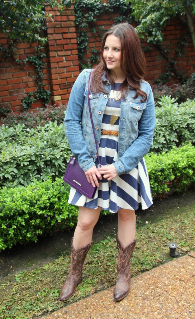 Houston Rodeo outfit - striped skater dress, jean jacket, cowboy boots - Love it!!